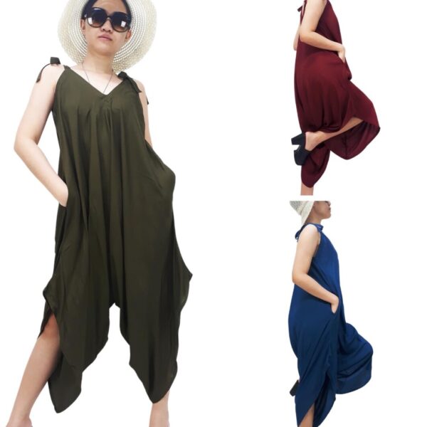 V-Neck Jumpsuit Sleeveless Tie Strap for Women with Two Side Pockets LRJP