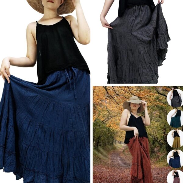 Salu Cotton Long Tiered Ruffle Skirt Elastic Waist with rope for Women SSC3