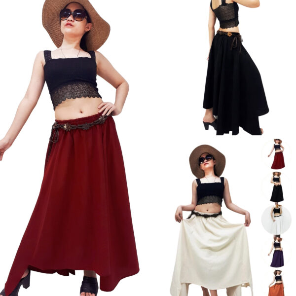 Cotton Long Skirt Solid Color with Elastic Waist for Women ST03